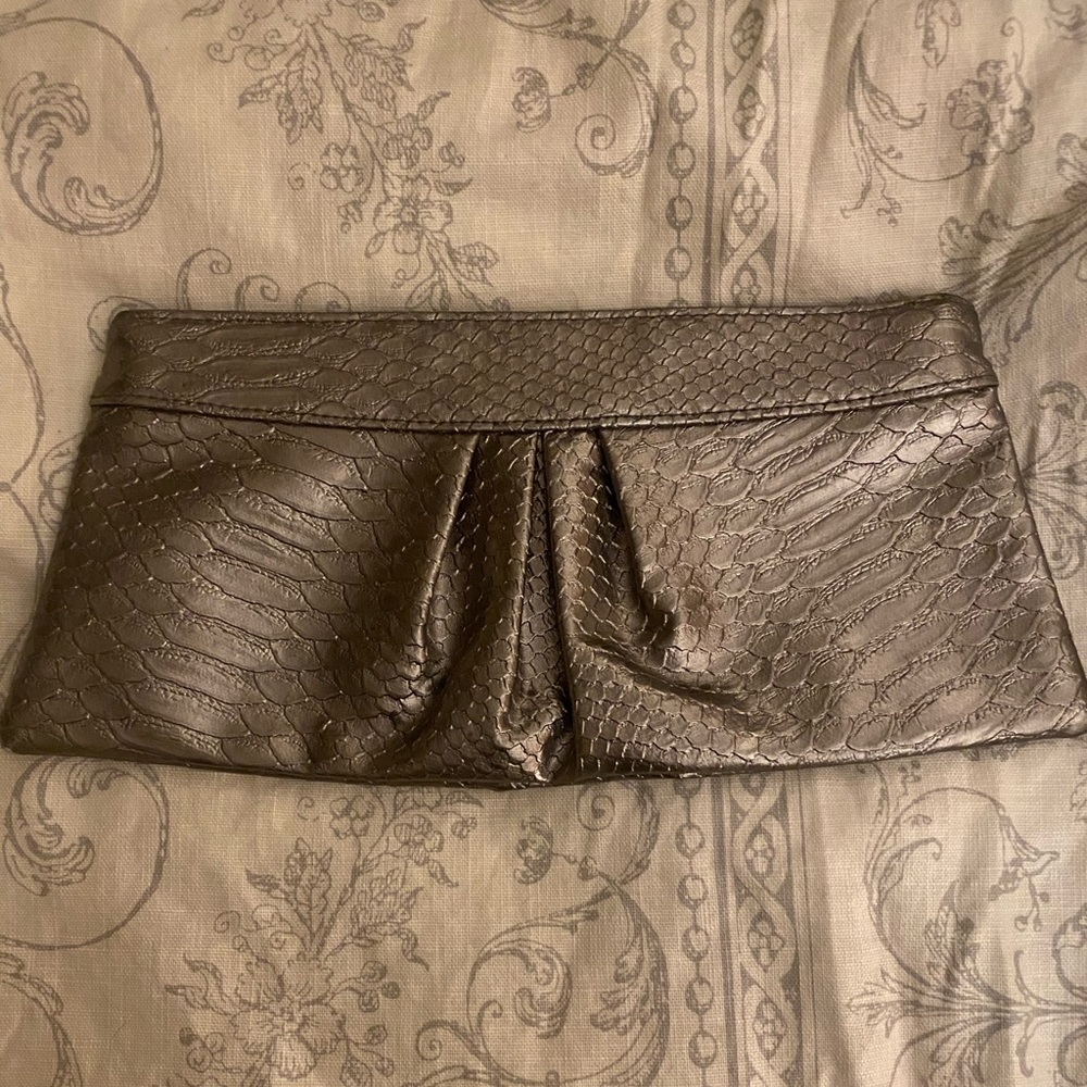 Pewter snake print clutch